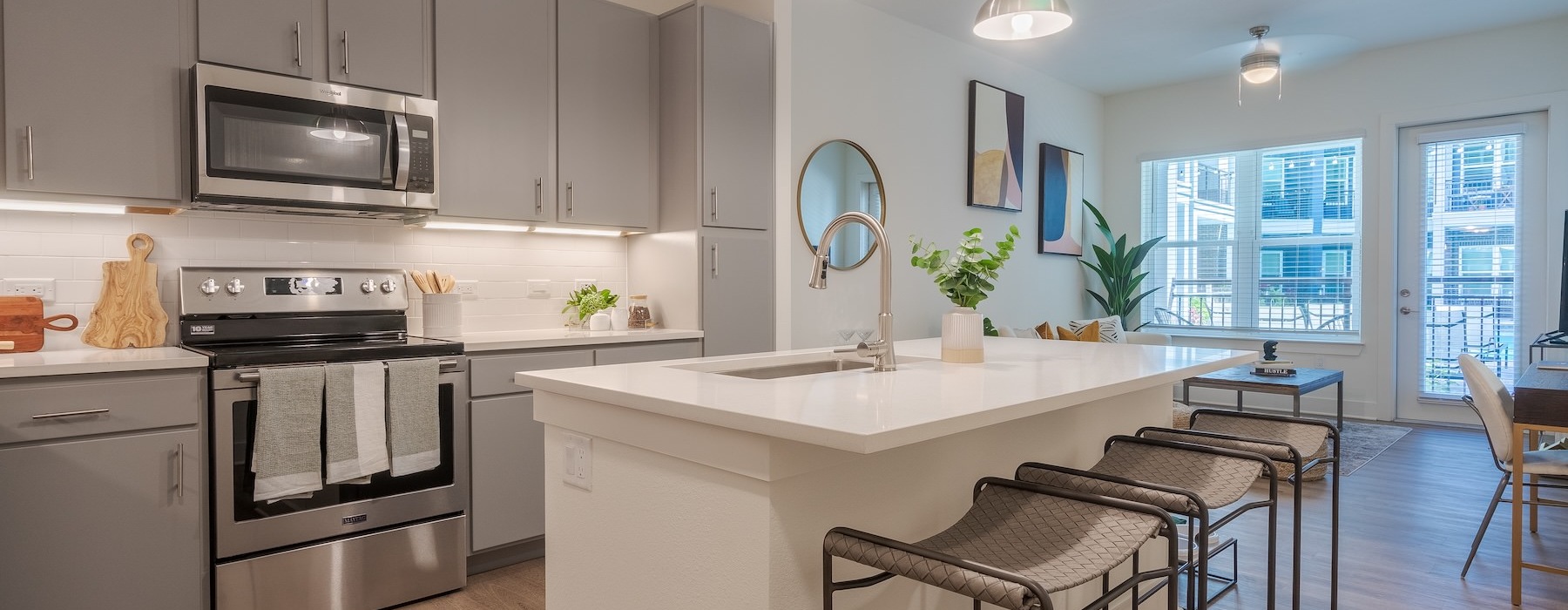 kitchen with an island and bar stools