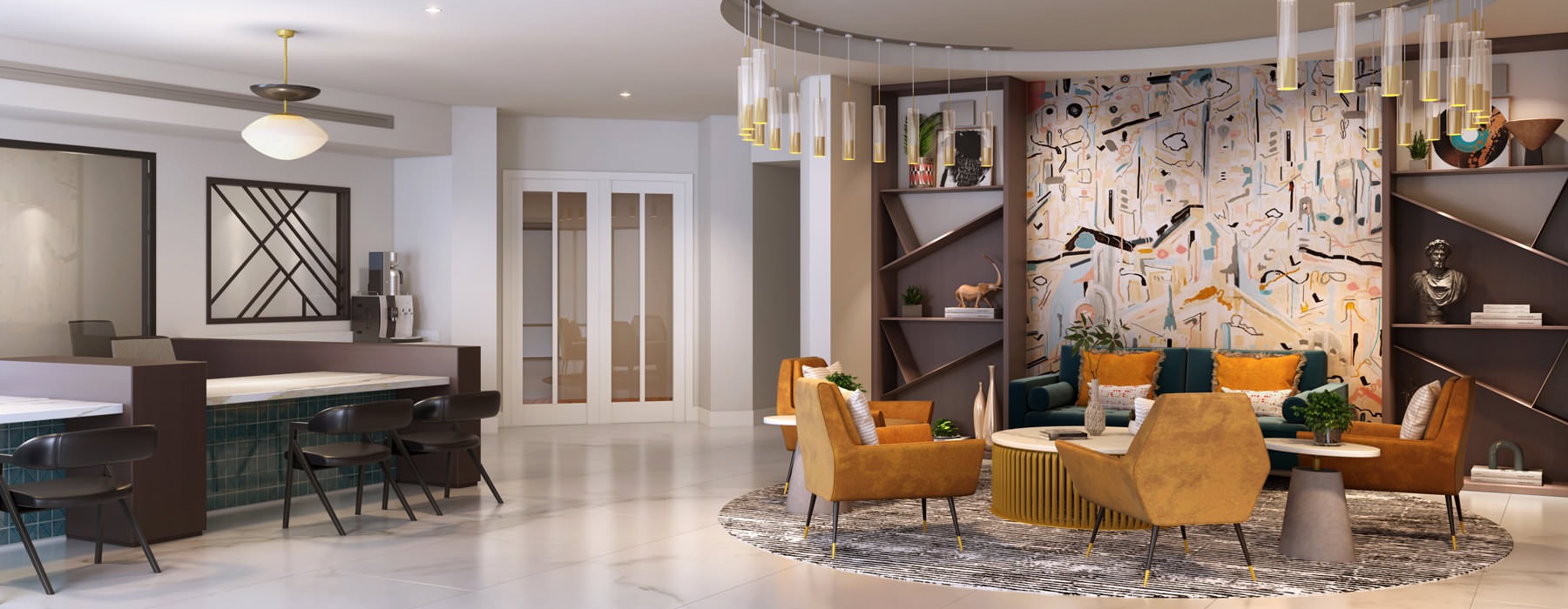 rendering of luxurious, stylishly lit clubroom