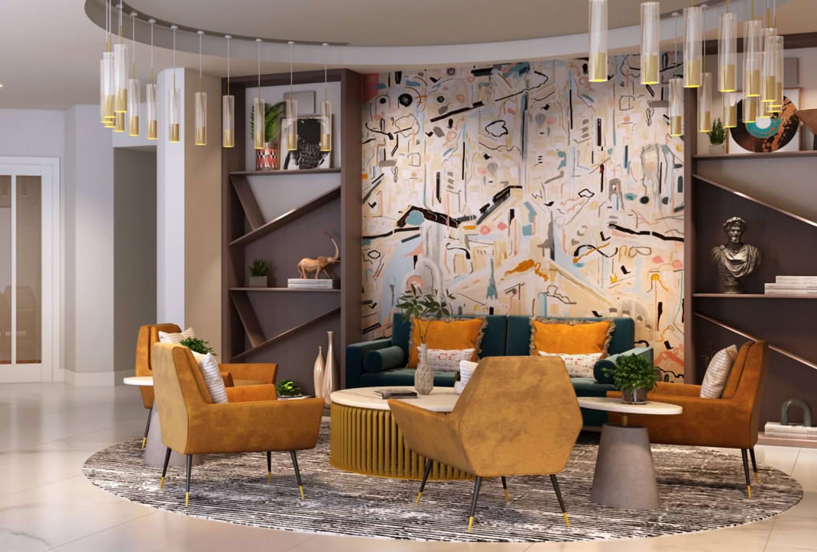 rendering of luxurious, stylishly lit clubroom